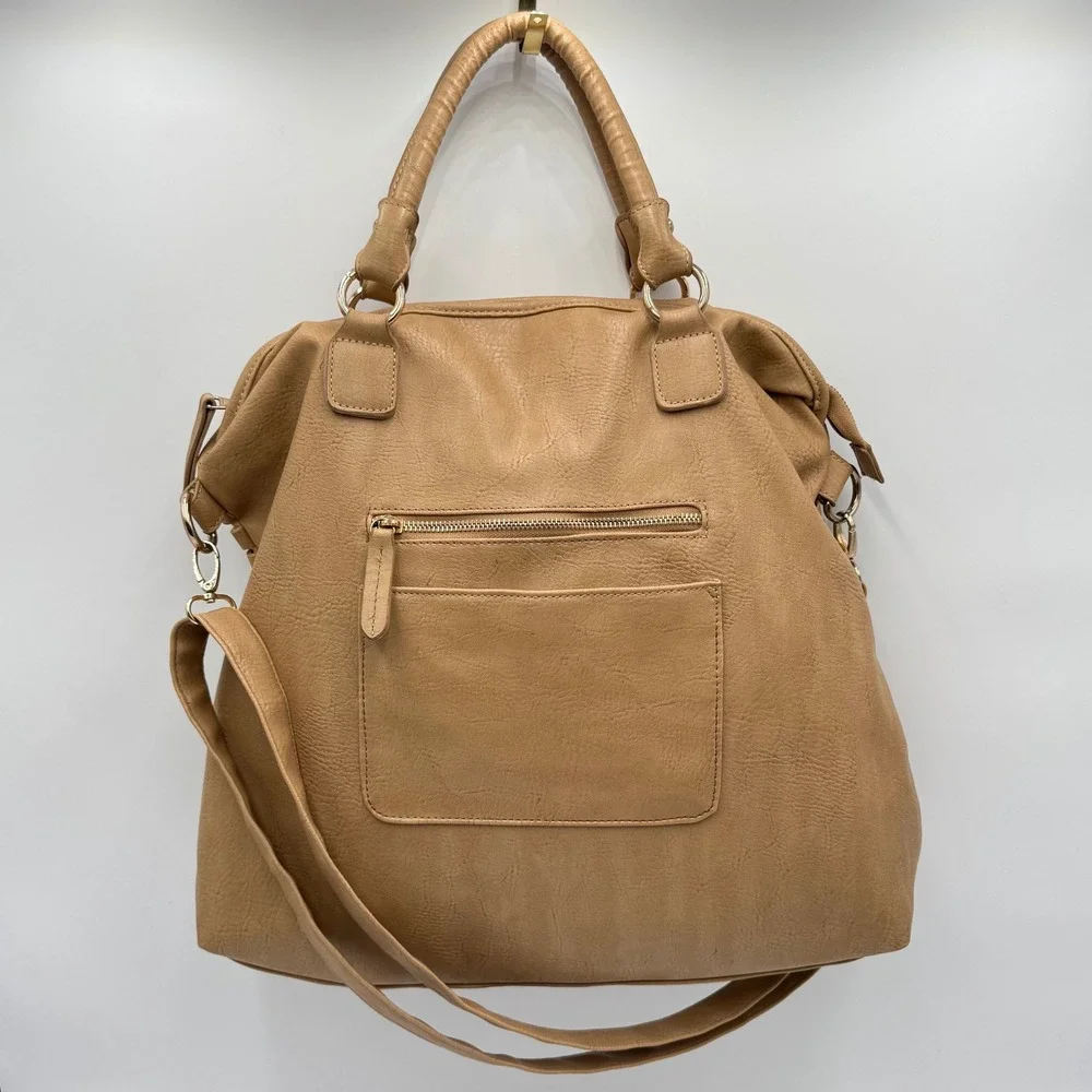 Womens Tan Satchel Bag Purse Cutout Detail Chain‎ Charm Optional Strap Boho Chic